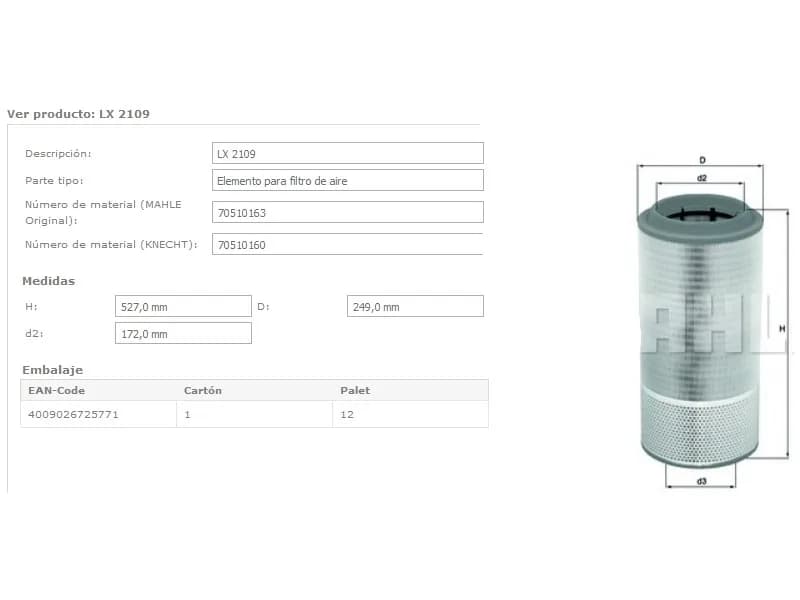 FILTRO AIRE SCANIA BUS DC12 LX2109